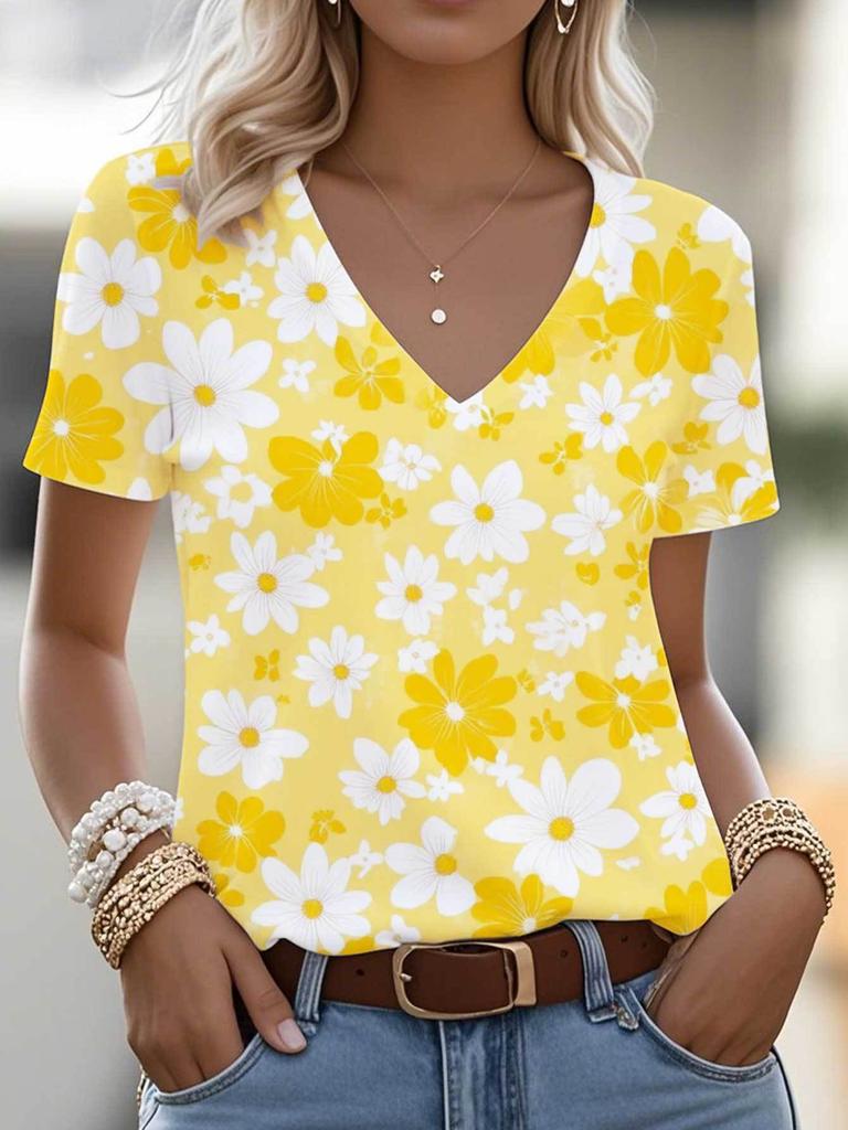 Plus Size, Cat Print Plus Size T-Shirt Short Sleeve V-Neck Women's Top