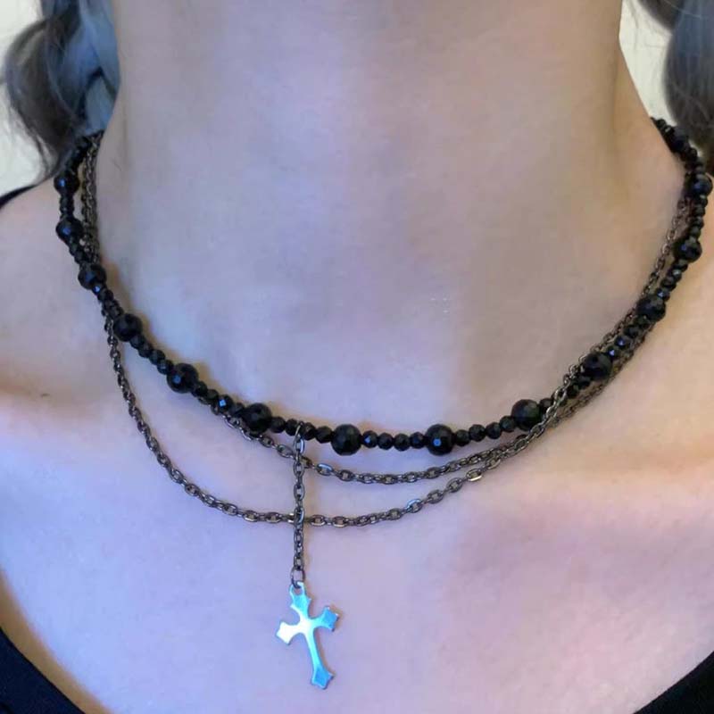 Gothic Punk Y2K Black Crystal Cross Pendant Necklace for Women Vintage Multi Layer Bead Necklace 90s EMO Charm Jewelry Gift