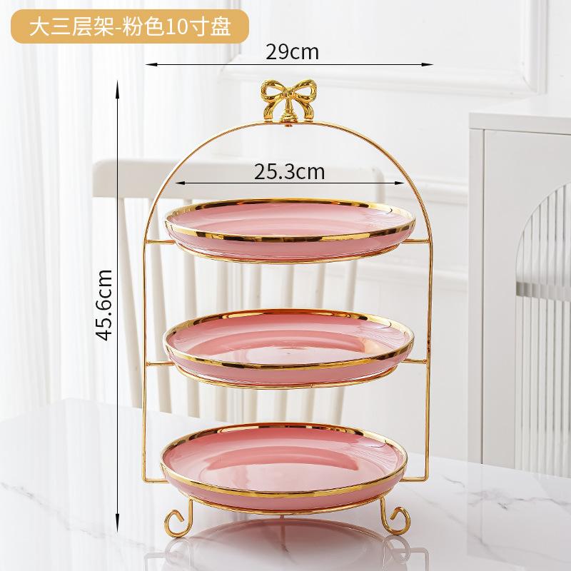 Golden Edged Double-layer Ceramic Tray, Cake Rack, Snack, Fruit Tray, Afternoon Tea Dessert Display Stand, Metal Bow Bracket