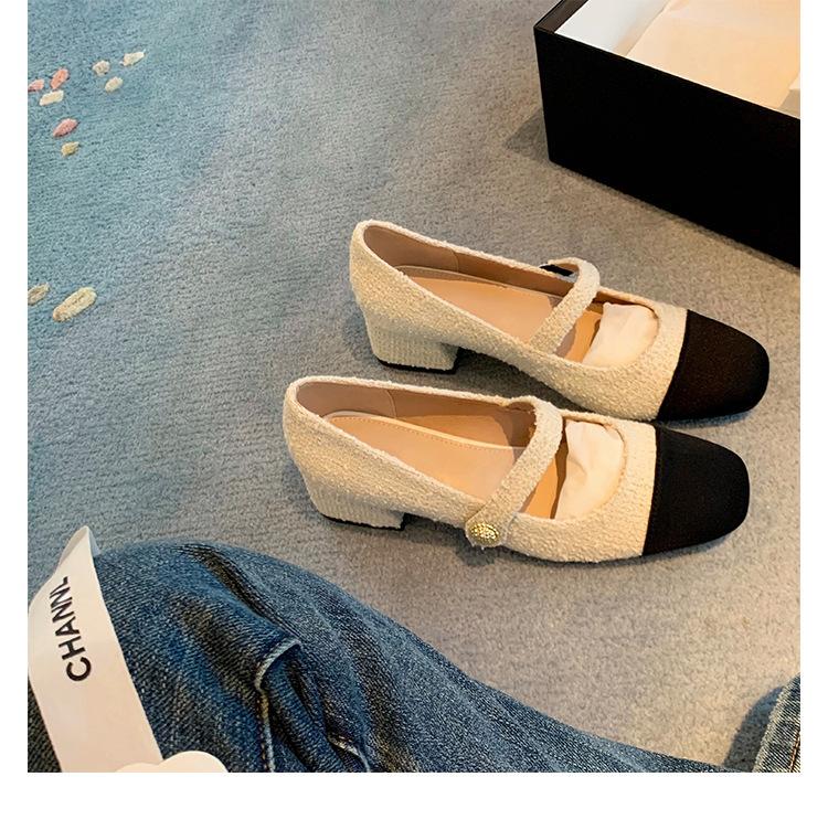 

Sheepskin version Xiaoxiangfeng shoes woolen high heels women s one-button thick heel Mary Jane shoes versatile shoes light mouth single shoes 40