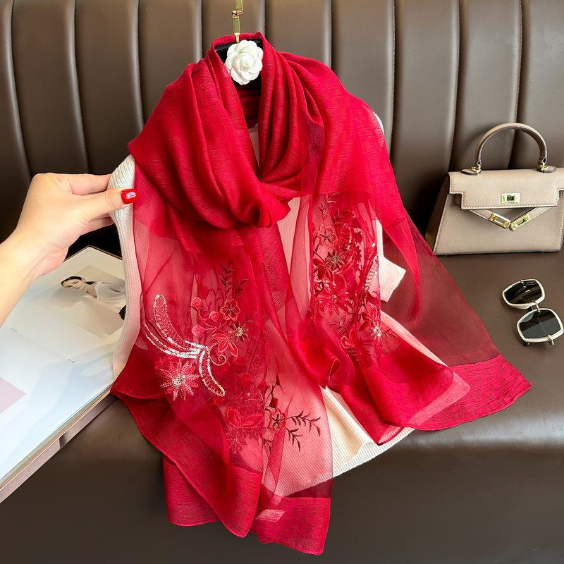 

Вышивка Цветочный шелковый шерстяной шарф Шали и накидки для женщин Высокое качество Фуляр Роскошный бренд Хиджаб Новый женский шарф Пашмина 80x190cm