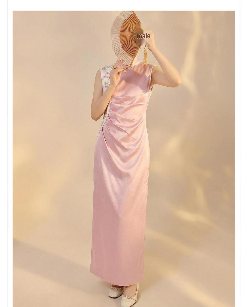 New Summer Purple Embroidered Stand Collar Pleated Cheongsam Dress for Women