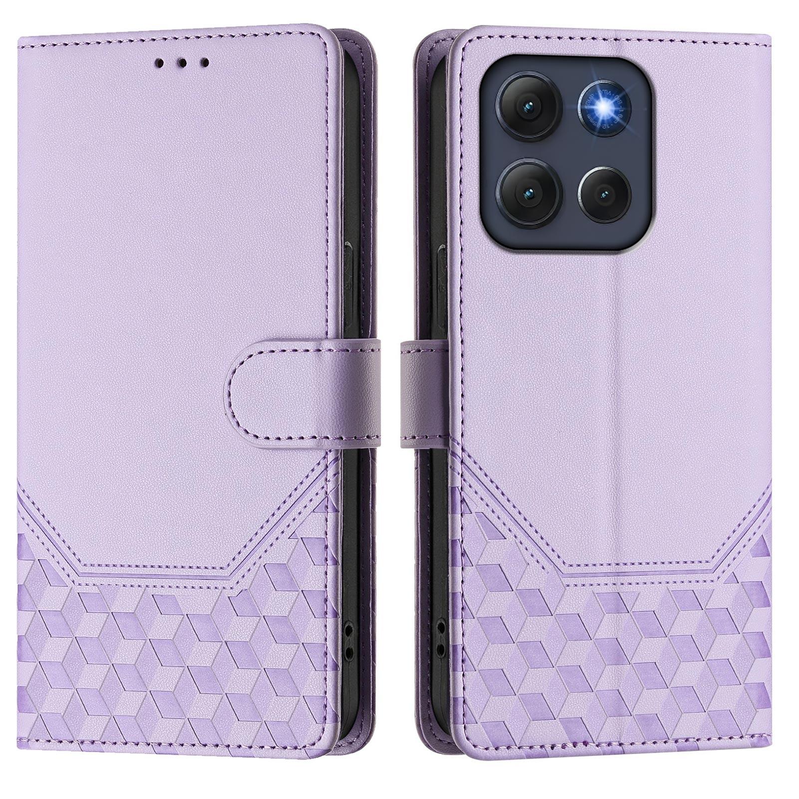 

For Motorola Moto G86 5G Case Imprinted Honeycomb RFID Blocking Leather Phone Cover with Strap Light Purple