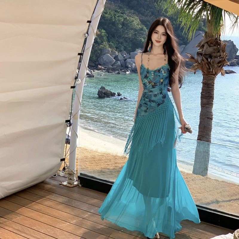 Пляжное платье-сарафан с бахромой Летнее женское пляжное платье-русалка с облегающим бедрами S