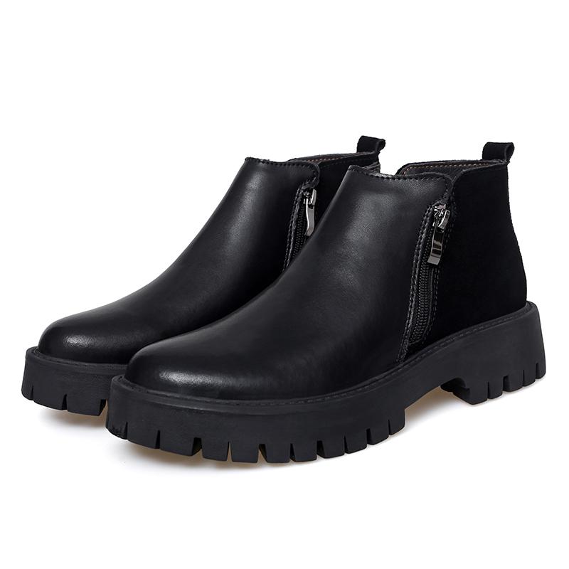 Mens Leather Short Boots With Zippers Thick Bottoms Platform Shoes Black color Winter Keep Warm