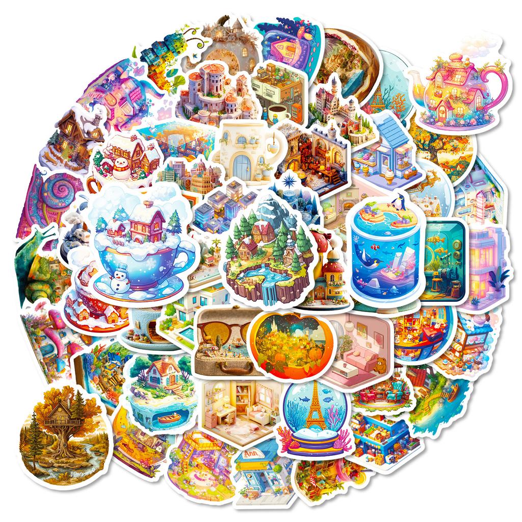 56 Micro World Fairy Tale House Graffiti Stickers Dream Cartoon Creative Diy Decorative Stickers