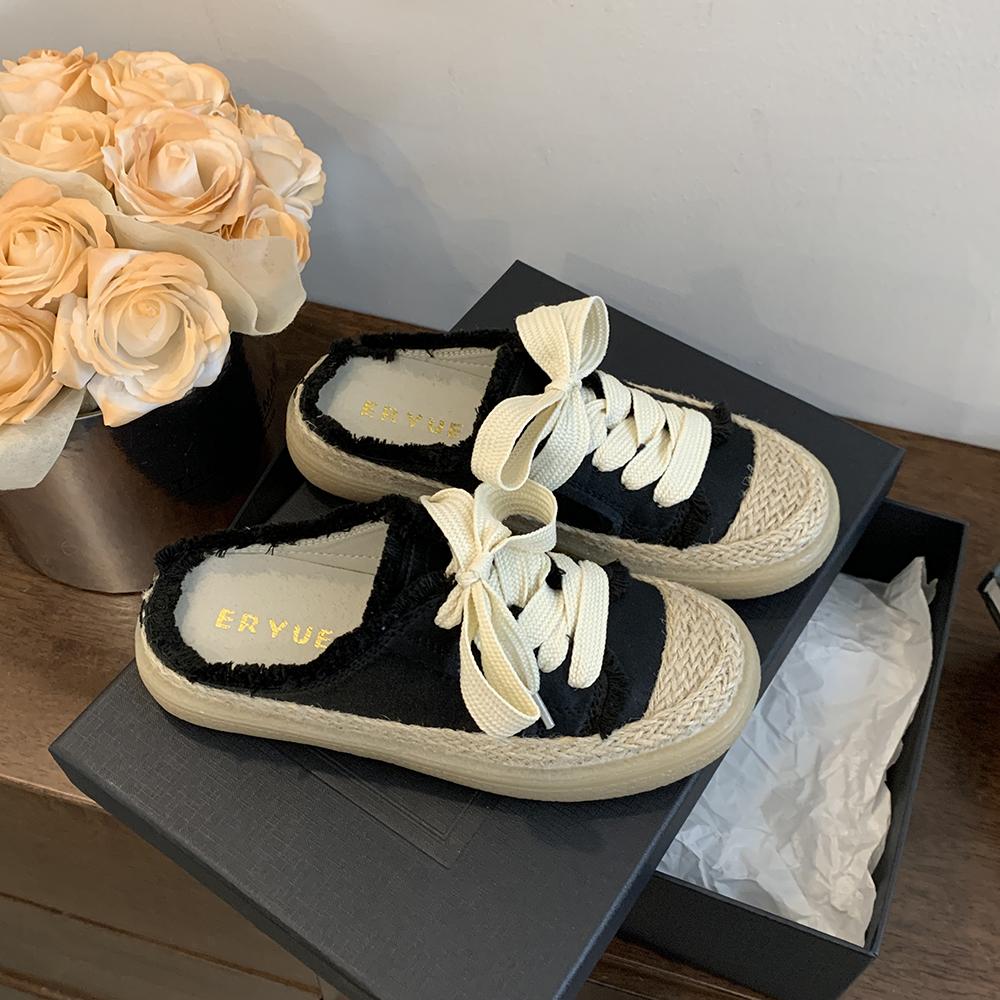 Fashion Fisherman Shoes Canvas Baotou Half Slippers Women's Summer Outside Wear 2025 Lacing Senior Sense Thick Bottom Muffin Bottom Lazy