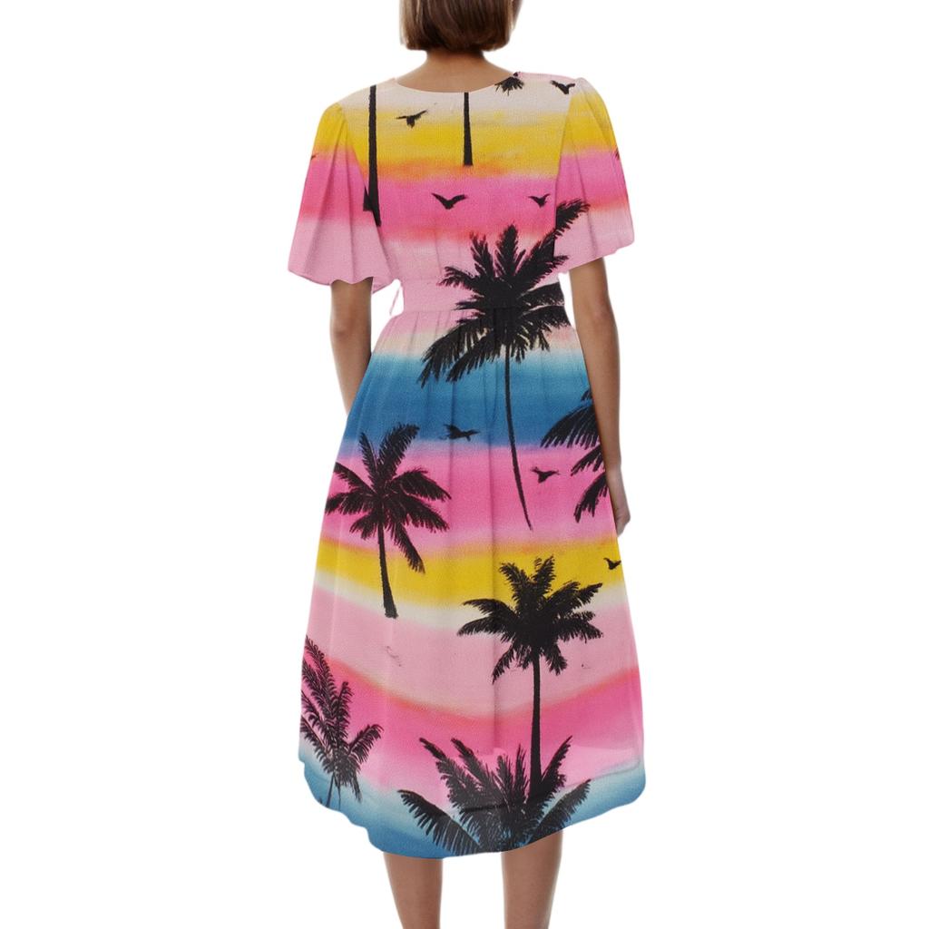 Women’s V Neck Short Sleeve Midi Dress with Tree Print Relaxed Fit Lightweight Fabric for Casual and Beach Wear