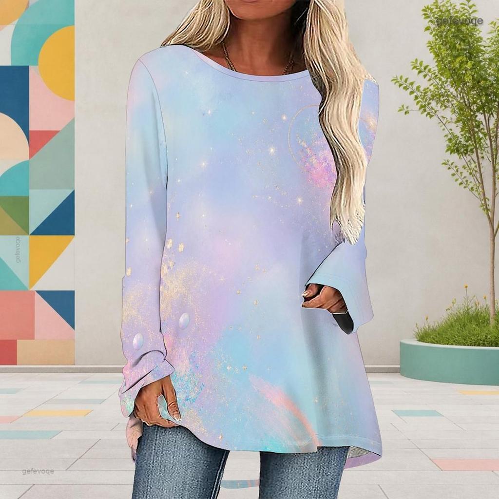 Women Plus Size Round Neck Long Sleeve Rainbow Galaxy Printed Loose High Low Hem Shirt
