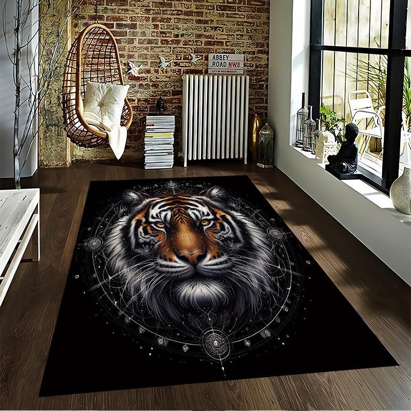Tiger Face Carpet with Geometric Cosmic Pattern, Black Background Suitable for use as an anti-slip for living room bedroom sofas