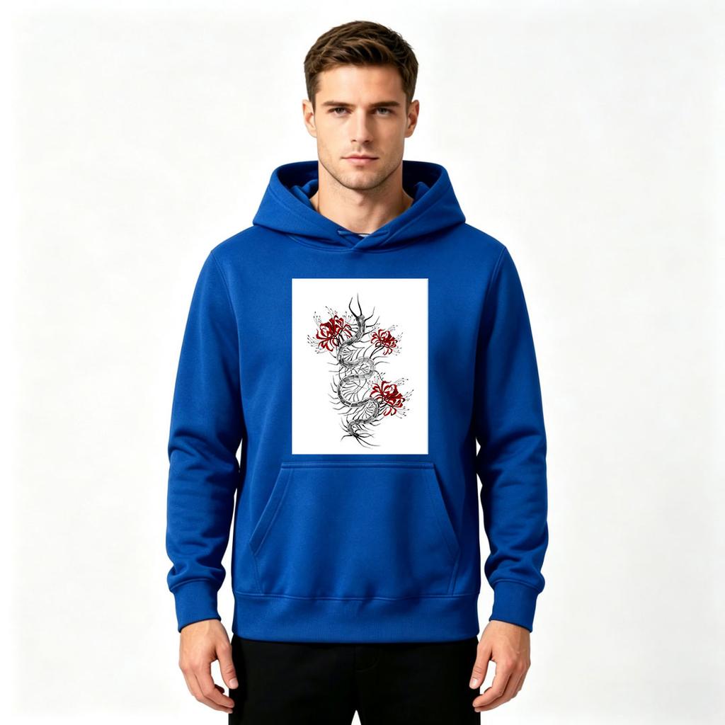 Men's Printed Pullover Hoodie, Stylish Dragon Red Spider Lily Pattern Casual Hooded Sweatshirt