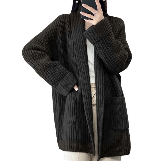 Sweater Coat Lapel Long Sleeve Open Front Knitting Sweater Coat with Pockets Solid Color Mid-length Casual