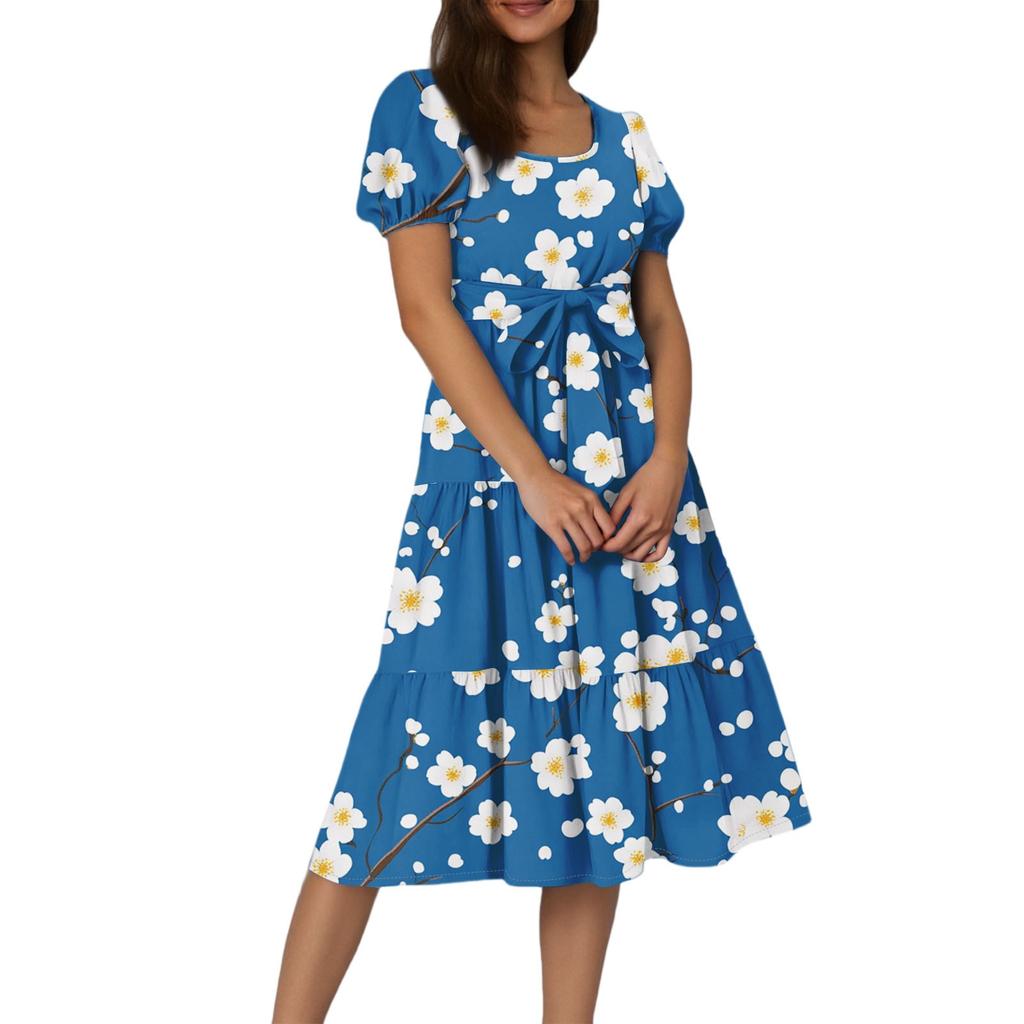 Women's Summer Floral Print Short Sleeves Neck Waistband Bohemian Flowy Maxi Dress With Pockets
