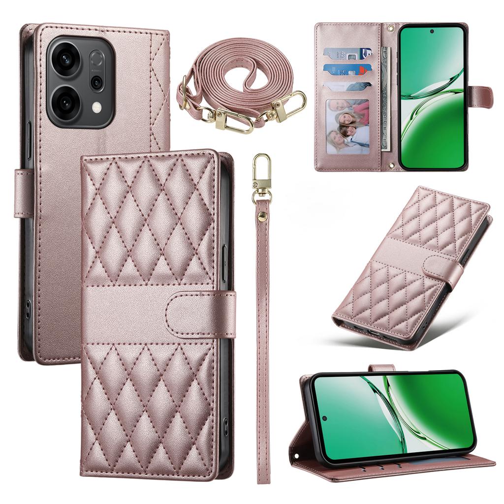 For Oppo Reno14 5G (Global) Case Rhombus Stitching Wallet Stand Leather Phone Cover with Long/Short Strap