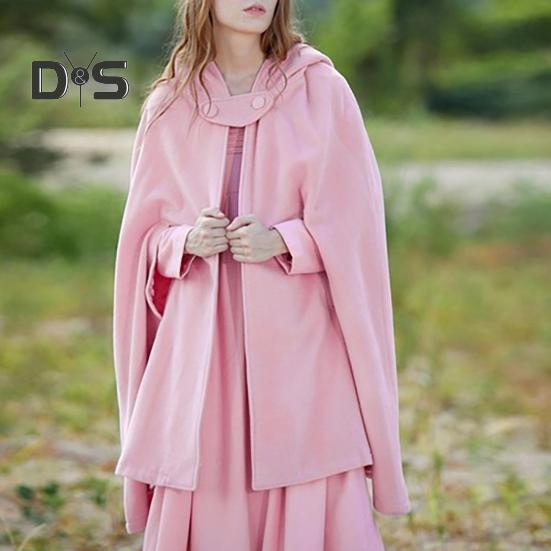Winter Women Cape Coat with Hood Medieval Retro Cape Gothic Keep Warm Shawl Knee Length Loose Cloak Thick Single-Button Closure Outdoor Poncho Pirate