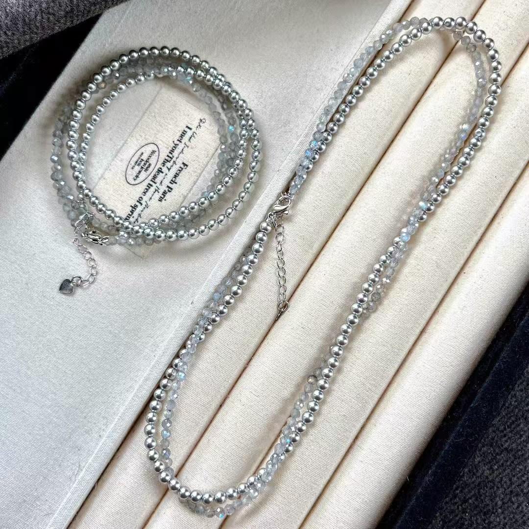 Vintage High-Gloss Faux Crystal Pearl Natural Gray Moonstone Double-Layer Winding Cross Collarbone Chain Necklace