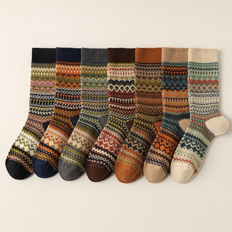 Women's Mid-Calf Retro Ethnic Socks - Double Needle, Anti-Pilling, Perfect for Autumn/Winter - Versatile with Short Boots
