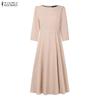 ZANZEA Women Casual Round Neck Solid Color 3/4 Sleeve Dress