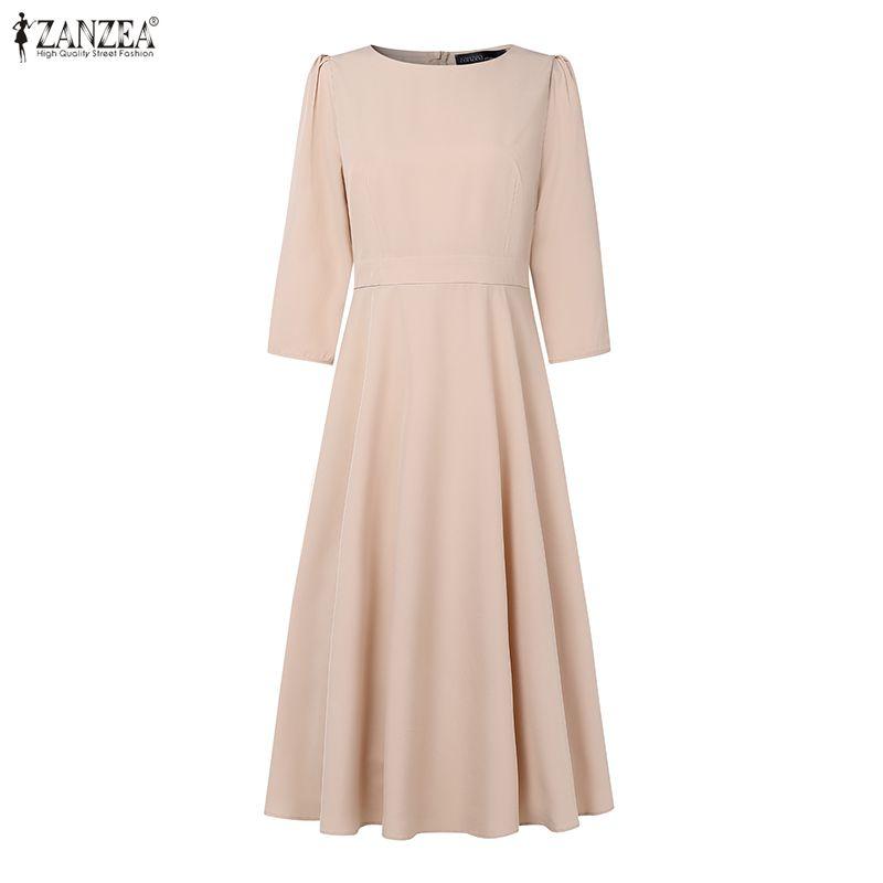 ZANZEA Women Casual Round Neck Solid Color 3/4 Sleeve Dress