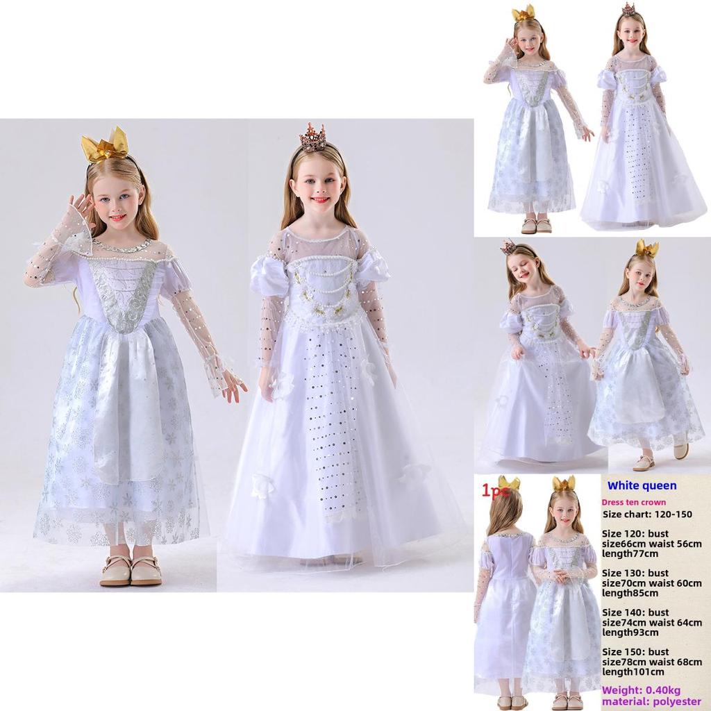 White Queen Costume For Children With Polyester Fabric For Theatrical Performances