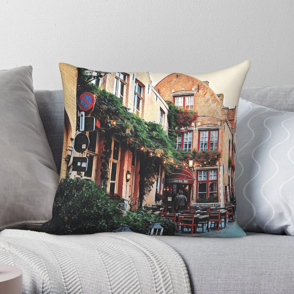Bruges Belgium Square Pillowcase Polyester Linen Velvet Printed Zip Decorative Sofa Cushion Cover X
