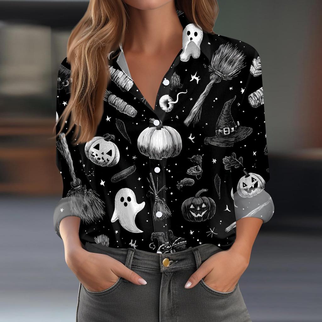 Damen Halloween Bedrucktes Lässiges Halbgeöffneter Kragen Langarmhemd