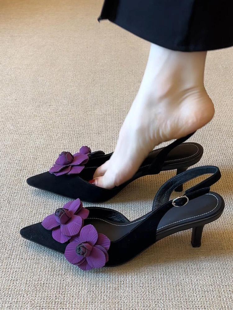 

French temperament socialite flower evening breeze gentle bag head sandals women s summer pointed head high heels stiletto 40