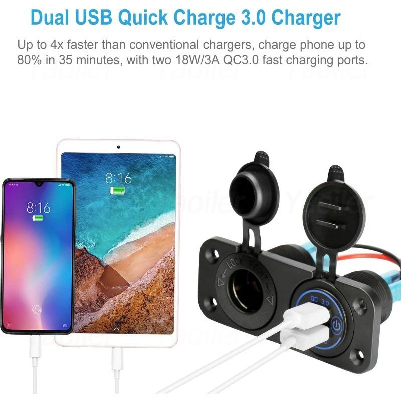 12V Marine Dual Quick Charge 3.0 USB Charger Outlet Splitter Waterproof Power Panel Adapter for Car Boat Motorcycle RV Truck ATV