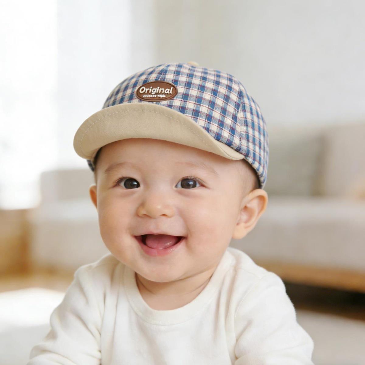 

Plaid Unisex Infant Duckbill Baseball Cap - Soft Brim Baby Sun Hat for Spring and Autumn 6-20 months, head circumference 44-48cm синій
