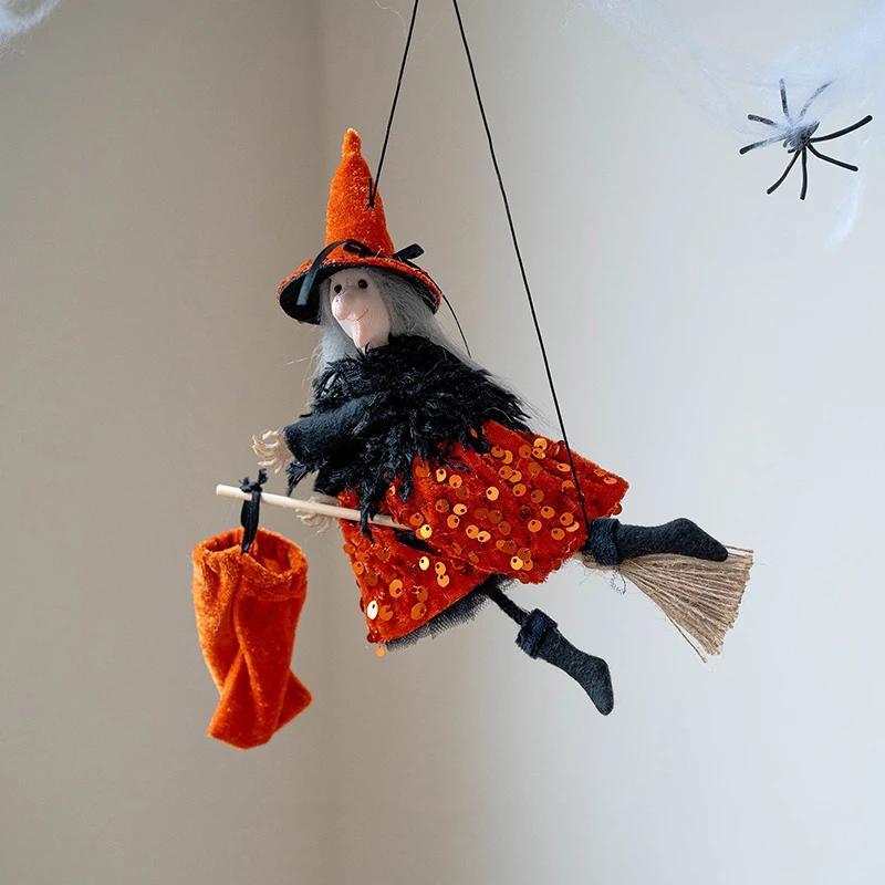 Halloween Witch Ornament Dolls Halloween Background Wall Party Decoration Hanging Pendants  Sequin Dress Witch Broom Figurines