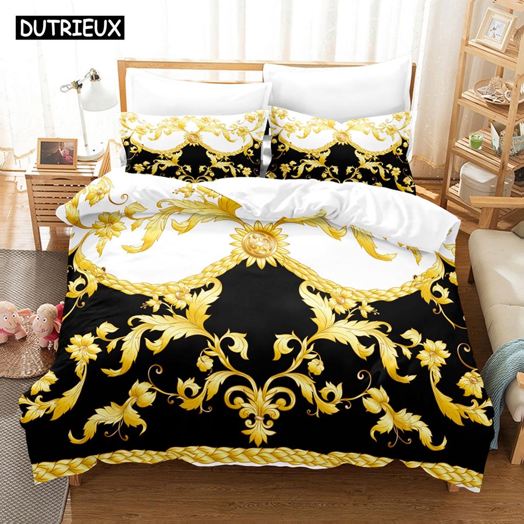 Set de lenjerie de pat cu model decorativ auriu imprimat 3D, husă de plapumă din puf cu față de pernă, dublu, single, king