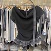 Fake two-piece streamer slinger collar top short-sleeved t-shirt women's summer lace splicing waist pleated short top