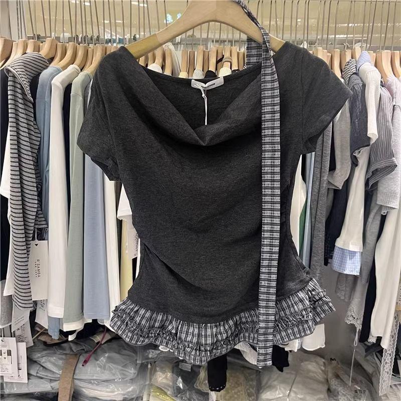 Fake two-piece streamer slinger collar top short-sleeved t-shirt women's summer lace splicing waist pleated short top