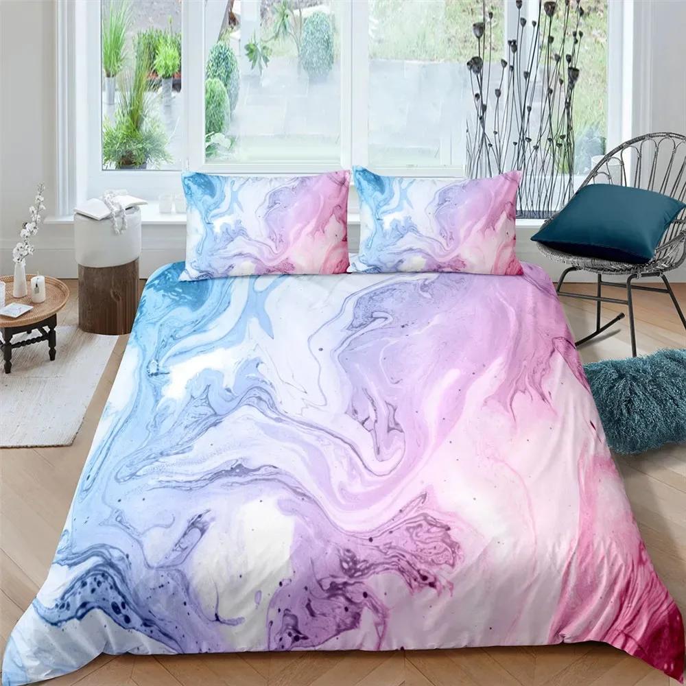 Colorful Marble Tie Dye Watercolor Pastel Abstract Girly Comfortable Duvet Quilt Cover Pillowcase Bedding Set Children Bedroom