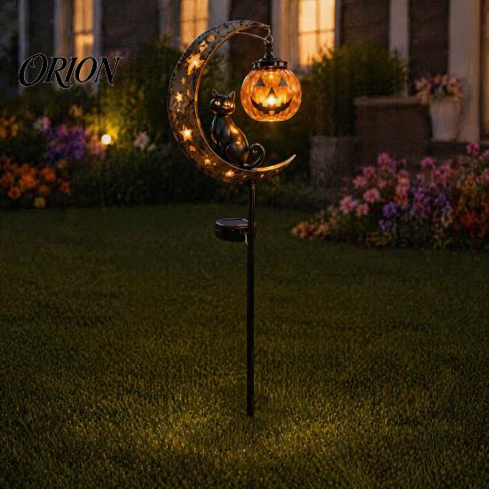 Solar Flower Bed Lights Halloween Garden Stake Light, Soft Warm Jack-o-Lantern, Moon Cat Silhouette Outdoor Pathway Decor, Waterproof Metal Lawn Patio