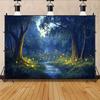 2D Fantasy Firefly Photography Background, Dreamy Night Forest with Glowing Lights and Winding Stream Backdrop