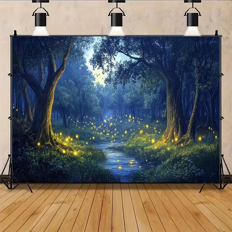 2D Fantasy Firefly Photography Background, Dreamy Night Forest with Glowing Lights and Winding Stream Backdrop