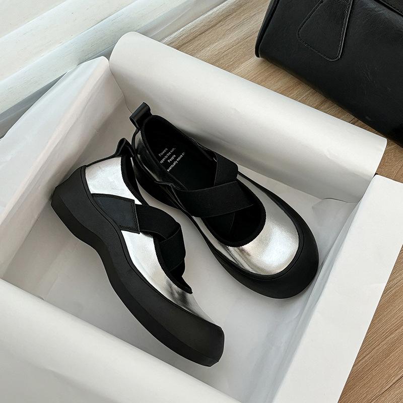 

College Vintage Crossed Band Round Head Flat Bottom Ballet Single Shoes Women s Wedge Heel Large Size Light Mouth Mary Jane Women 39 серебряный