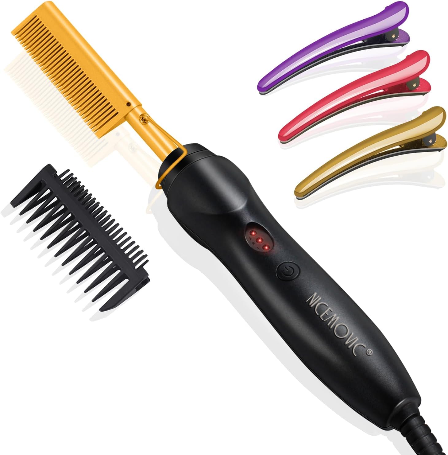 

Ceramic Heating Hair Straightener Comb - Hot Pressing Brush for Natural Black Hair, Beard Wigs, and Curling (Gold) United States