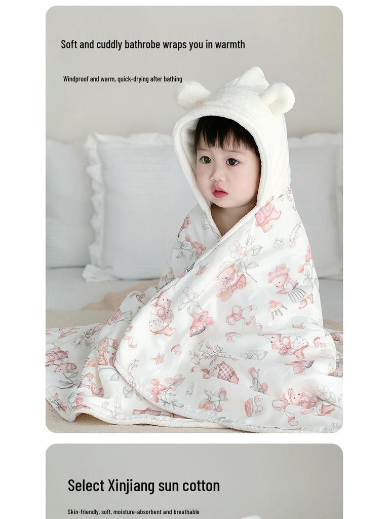 Hooded Coral Fleece Baby Bath Towel - Quick Dry, Water Absorbent, Swaddling Blanket for Newborns, Thickened for Autumn & Winter.