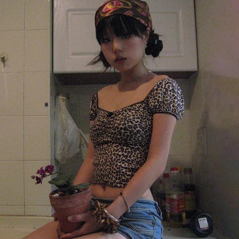 Japanese Y2k Leopard Print Tops Vintage Short Sleeve Crop Top Trashy 2000s V-neck Lace T-shirt Coquette Korean
