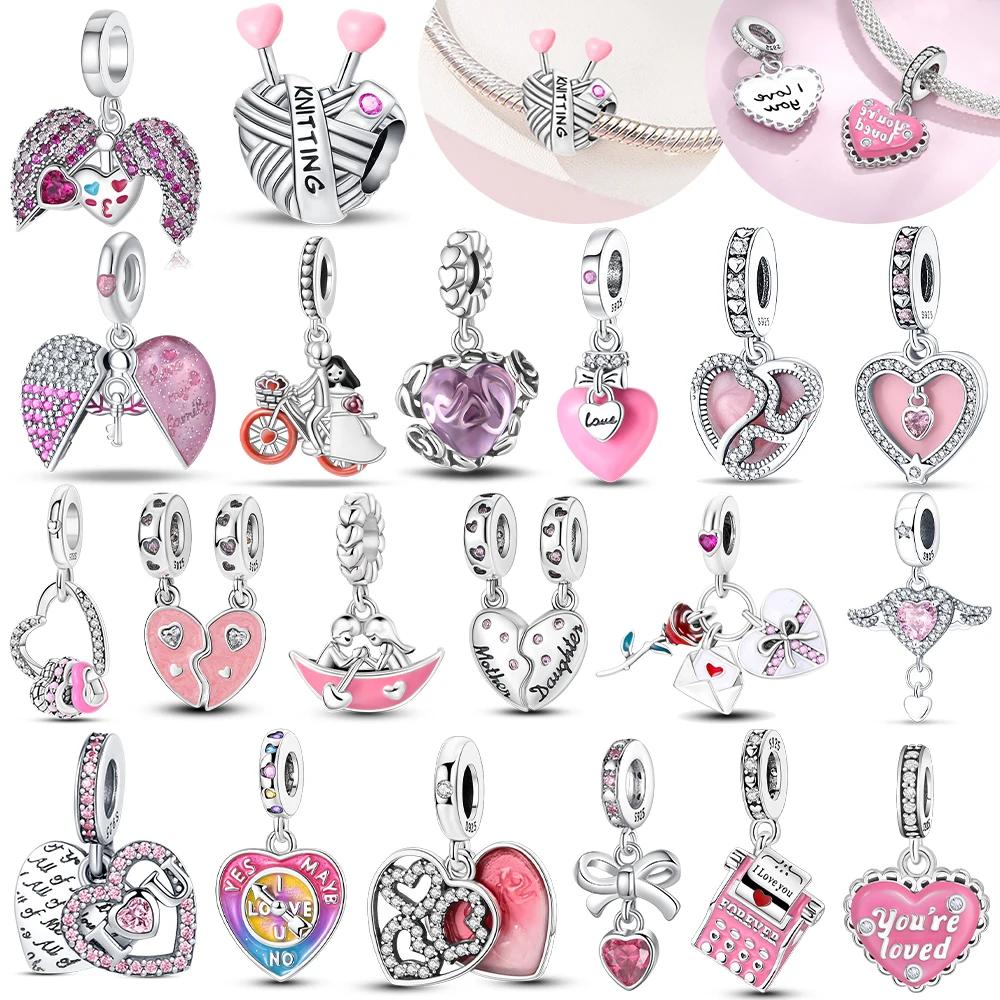 Pink Zircon Open Front Love Couple Sweater Copper Charms Beads Original Fit Bracelet Women Delicacy Diy Girlfriend'S Gift