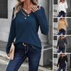 Women Tops V-Neck Long Sleeve Ribbed Knit Top with Buttons Decor Solid Color Loose Fit Stretchy Autumn Shirt Office Casual Wear