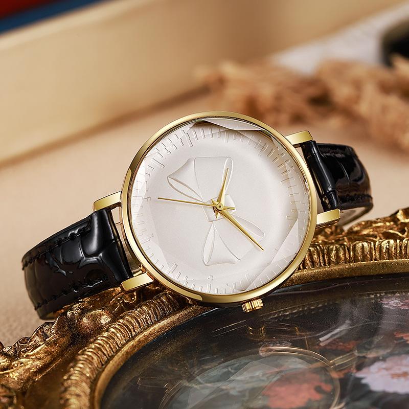 Bow Dial Module Watch Leather Band Simple Casual Quartz Dress Wristwatch