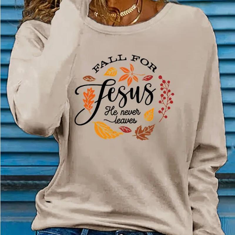 

Топы для женщин с принтом в виде листьев и букв, с круглым вырезом и длинным рукавом, осенняя повседневная тонкая кофта-пуловер, женский топ с длинным рукавом 8XL