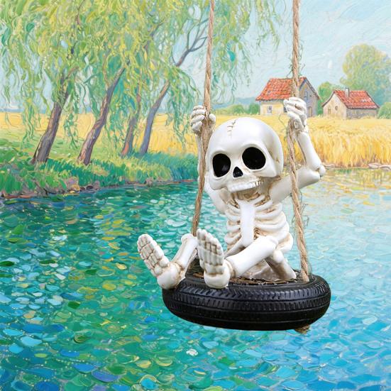 Halloween Resin Skeleton Swing Ornament Skeleton on A Tire Swinging Decoration for Car Rearview Mirror Garden Yard Tree Decor