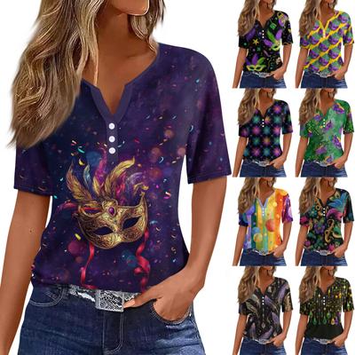 Women's T Shirt Tee Print Button Short Sleeve Daily Weekend Fashion Basic V- Neck Regular Top