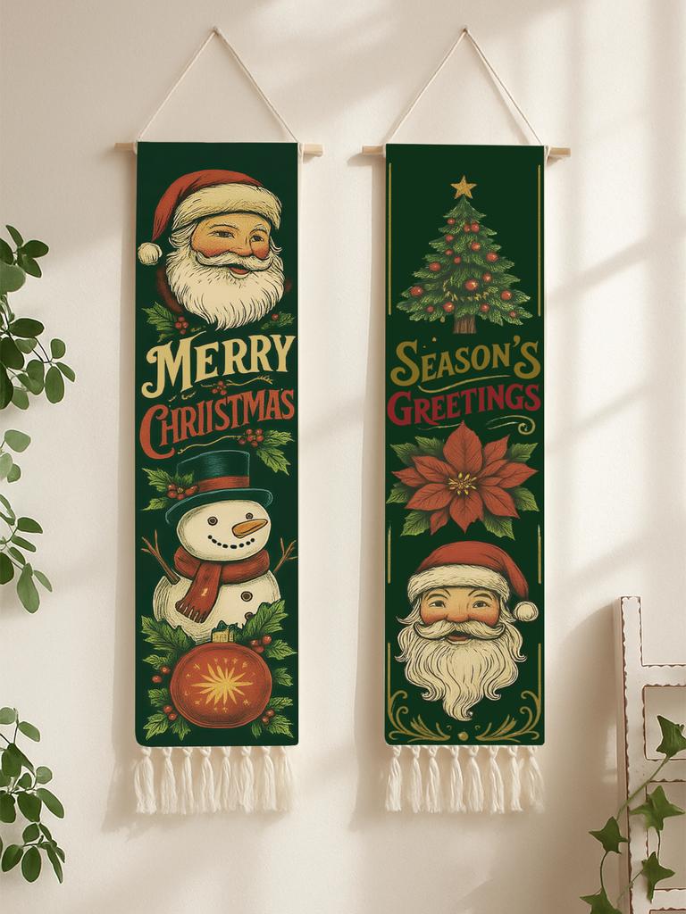 1pc Christmas Wall Hanging Tapestry Cute Santa Claus, Snowman & Christmas Tree Tapestry with Tassel Home Festive Wall Decor Gift