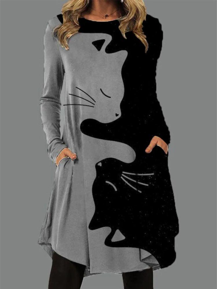 

Модное платье с цифровой печатью кошек 4XL серый