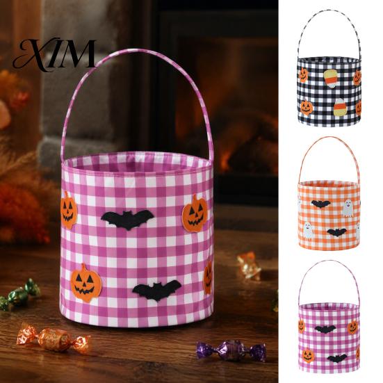 Große Kapazität Eimer Halloween Eimer, Süßes oder Saures Korb für Kinder Jungen Mädchen, Karierte Kürbis Taschen Fledermaus Geist Süßigkeiten Tragetasche mit Griff